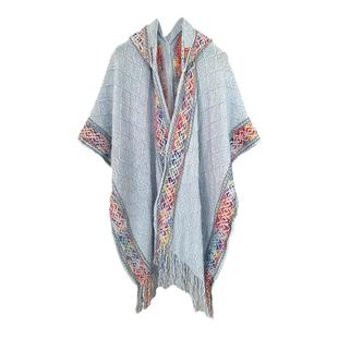 云南旅游民族风披肩女秋冬披风斗篷波西米亚针织保暖两用围巾连帽