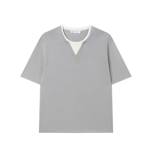 WHIMNOTION 26SS「亚麻假两件」亨利领14针织圆领短袖