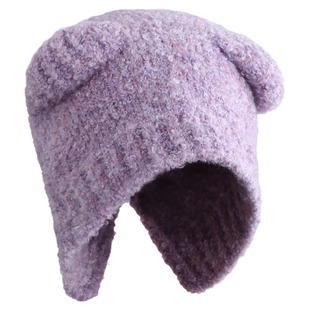 韩系小熊耳朵针织毛线帽子女保暖护耳简约大头围包头帽绿色熊耳帽