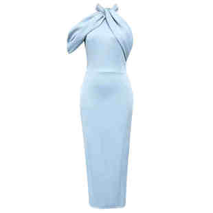欧美风性感削肩扭结露肩修身显瘦包臀晚礼服连衣裙气质宴会长裙子
