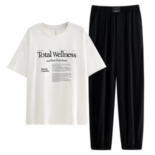 悦内情侣睡衣女夏季夏天短袖长裤纯棉家居服夏款休闲时尚男款套装