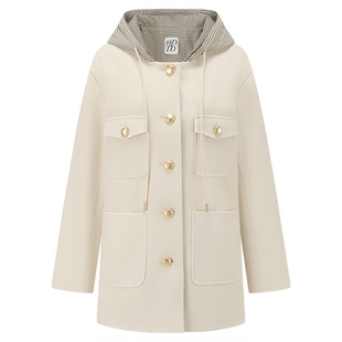 【设计师女装】ODTD秋冬新款薄呢格子连帽撞色长外套上衣百搭女