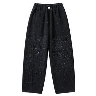 男童女童加绒裤子儿童重工烫钻满天星黑色阔腿牛仔裤男孩冬季加厚