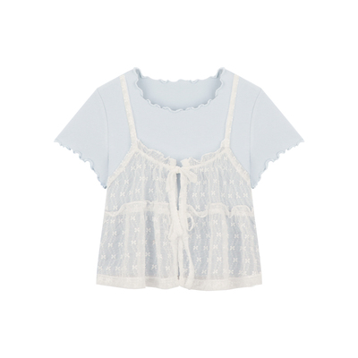 Amybaby女童上衣春夏季2026新款春日海岛韩版甜美蕾丝吊带假两件T