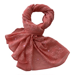 桑蚕丝真丝丝巾秋季新款手工钉珠重工刺绣围巾披肩16F2/26/1855