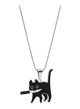 Wind钛钢叼刀猫咪毛衣链嘻哈