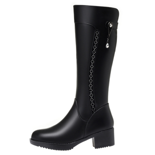 冬季新款真皮中筒靴加厚羊毛女高筒靴妈妈鞋棉鞋加绒粗跟中跟长靴