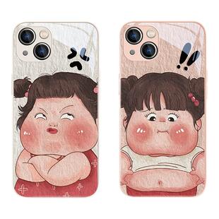 适用iphone15promax手机壳新款苹果16/17生气胖嘟嘟女孩苹果13搞怪14plus可爱12油画11全包xsmax闺蜜xr玻璃x