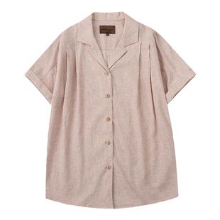 CycleDocument 高密有机棉 连肩卷边袖古巴领条纹短袖衬衫女