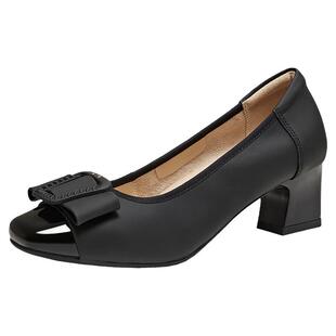 TATA他她女鞋2026春季新款浅口单鞋羊皮百搭黑色粗跟鞋子URH04AQ6