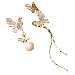 古婷不对称蝴蝶珍珠耳坠耳环女轻奢高级感流苏耳钉独特绝美耳饰品