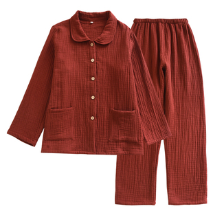 新款纯棉四层纱情侣睡衣套装女士春秋季高档酒红色全棉纱布家居服