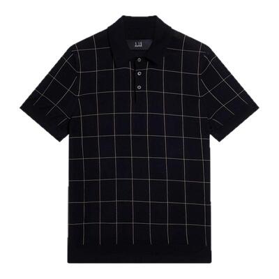 2026春夏新品dunhill登喜路男海军蓝棉丝混纺窗格拼花短袖Polo衫