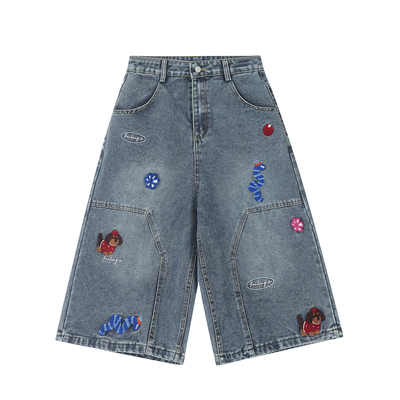 NERESUM夏季趣味刺绣牛仔七分裤