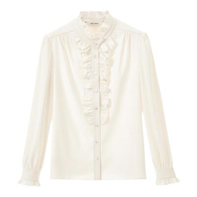 朗姿宫廷风法式复古设计感立领衬衣女上衣气质捏褶白秋季新款衬衫