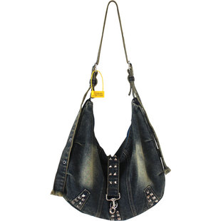 废土流浪风水洗牛仔铆钉单肩斜跨托特包袋潮酷男女饺子包斜挎包包