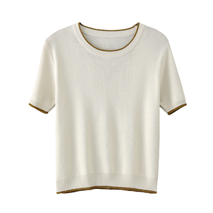 冰丝短袖t恤女修身夏季薄款针织衫 小个子短款高腰配半身裙的上衣