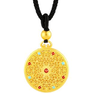 诗普琳 足金古法黄金罗盘 珐琅花丝工艺莲纹吊坠项链