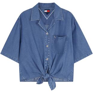 Tommy春夏女装莱赛尔美式学院风系结古巴领宽松垂顺牛仔短袖衬衫