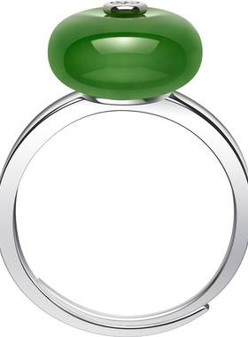 平安扣镶嵌和田碧玉银戒指开口