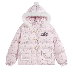 文文不乖原创满印雪花兔子字母刺绣毛领连帽棉服女冬季保暖面包服
