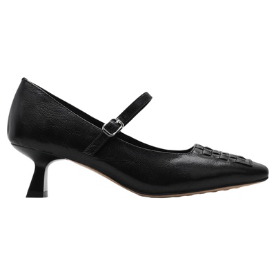 fed复古真皮粗跟编织玛丽珍单鞋