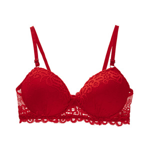 大红女士内衣性感蕾丝胸罩中厚无钢圈上托聚拢防下垂显大文胸套装