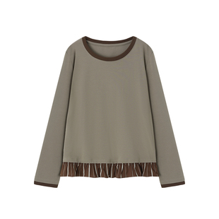 时然大码女装荷叶边拼接t恤25秋冬新款微胖mm显瘦圆领打底衫上衣