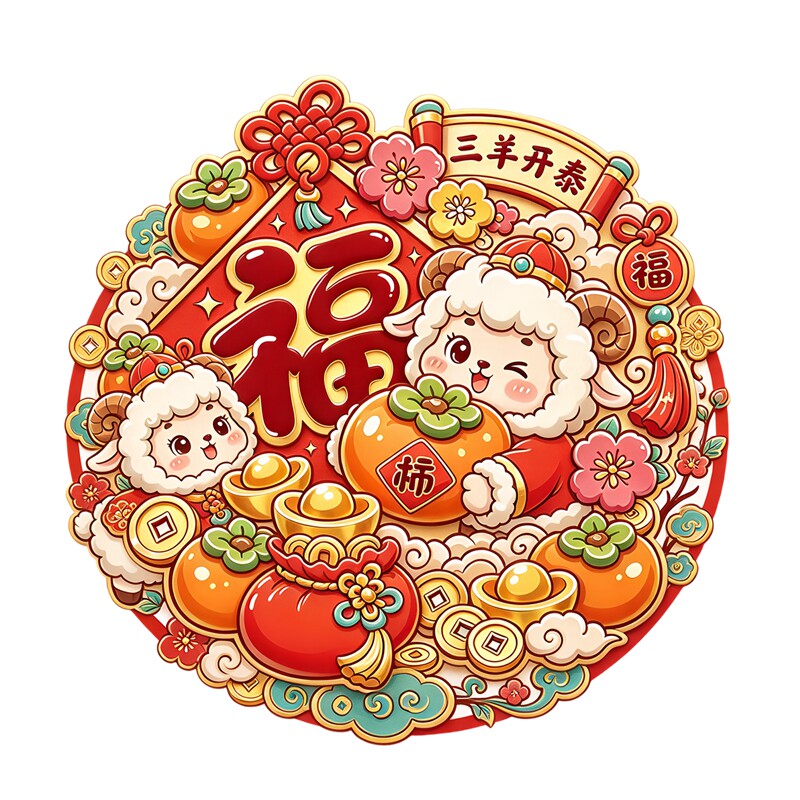 三羊开泰墙贴福字羊年柿子元宝新春喜庆吉祥防水自粘装饰贴纸画