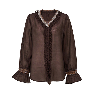 木耳边V领天丝衬衫慵懒松弛风