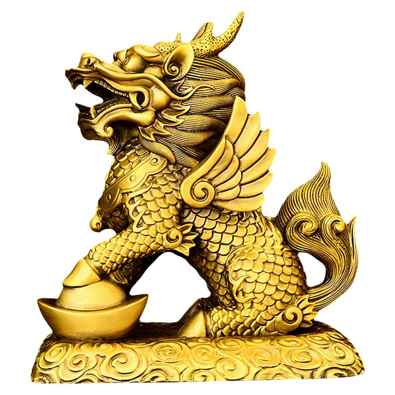 精工纯黄铜麒麟一对财福麒麟飞天带翅膀麒麟中式家居镇宅瑞兽摆件