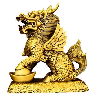 精工纯黄铜麒麟一对财福麒麟飞天带翅膀麒麟中式家居镇宅瑞兽摆件