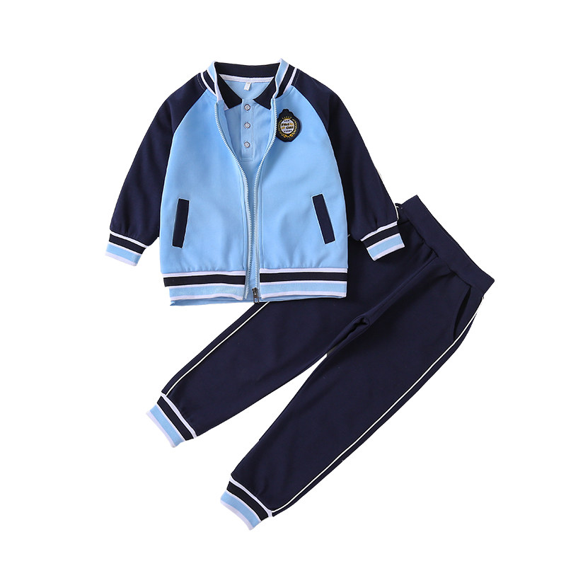 蓝色秋冬款全棉小学生校服班服短袖三件套幼儿园园服红色运动套装