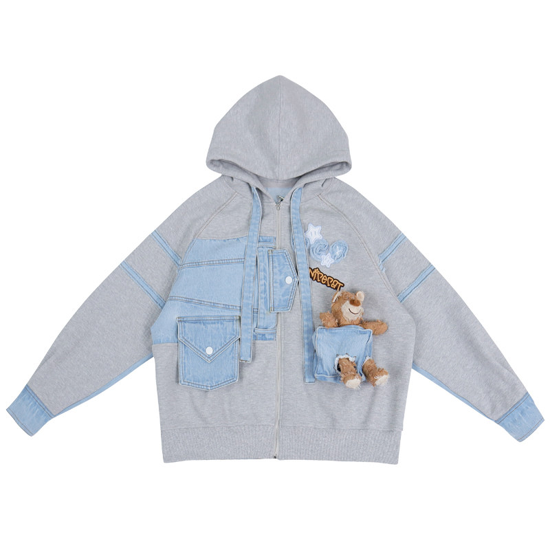 秋少女水洗破洞小熊二分之一慵懒卫衣解构蓝灰拼接宽松牛仔外套