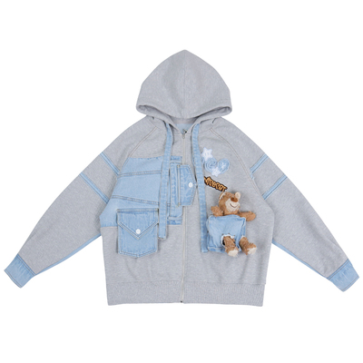 破洞小熊卫衣拼接解构牛仔外套