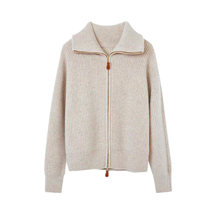 宋佳同款翻领双拉链针织开衫女冬羊毛保暖慵懒风宽松软糯毛衣外套