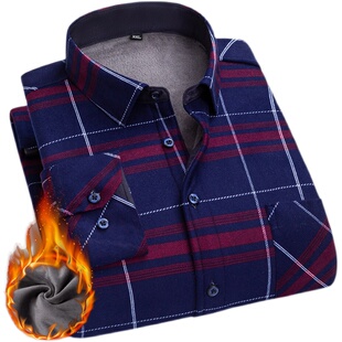 冬季男士加绒保暖长袖衬衫印花格子中年休闲加绒加厚衬衣爸爸装