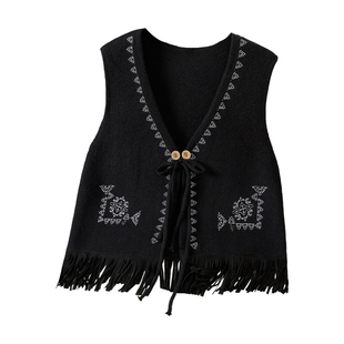 她池V领马夹2025冬季新款女装短款文艺风系带宽松款流苏针织马甲