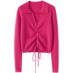 气质绽放！2024新款100%纯羊绒衫V领皱褶羊绒毛衣针织衫上衣女