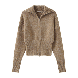 CUBIC复古时髦感羊驼毛羊毛混纺双开头拉链立领毛衣开衫