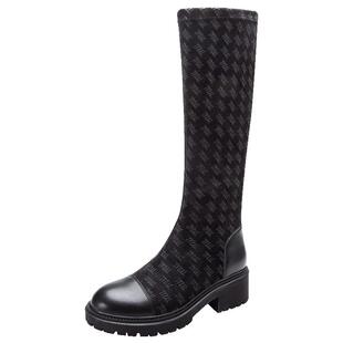 马内尔21冬季真皮弹力布拼接长筒女靴侧拉链增高显瘦马丁靴G19831