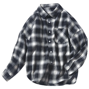 青少年长袖港风衬衫男女款韩版潮流红色格子衬衣休闲情侣外套宽松