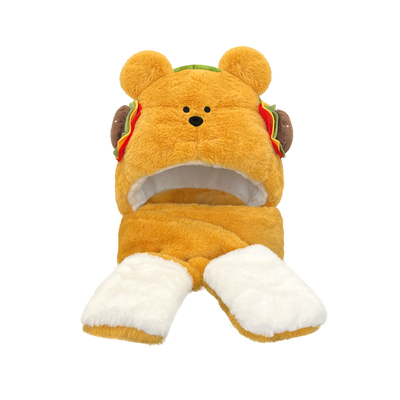 汉堡小熊毛绒帽子围巾手套冬保暖