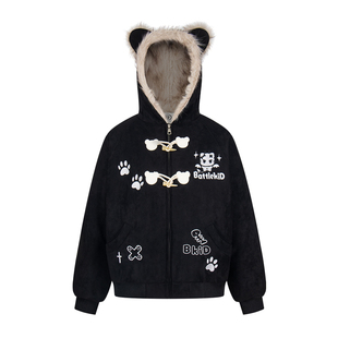 文文不乖美式潮牌座山雕刺绣连帽棉服男复古冬季保暖短款棉衣外套