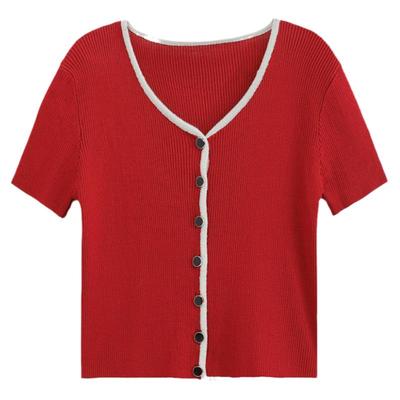 冰丝短袖t恤女夏季修身v领针织衫