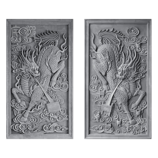 仿古门神砖雕水泥挂件大门口头楼两侧对幅画装饰麒麟哼哈二将镇宅