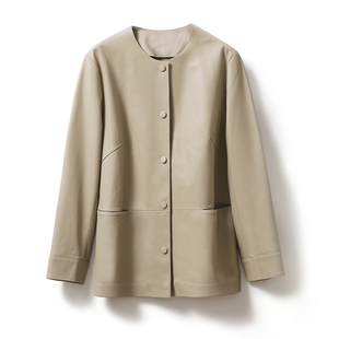 高品质柔软进口绵羊皮圆领简约真皮皮衣女直筒新款小羊皮外套短款