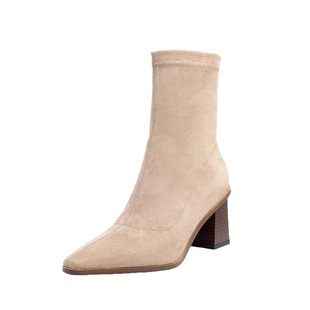 杏色高跟短靴女粗跟尖头百搭2025年新款秋冬季韩版绒面弹力瘦瘦靴