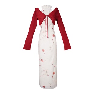 拟梦洛神珠国风原创旗袍连衣裙修身碎花红色新中式削肩两件套初秋