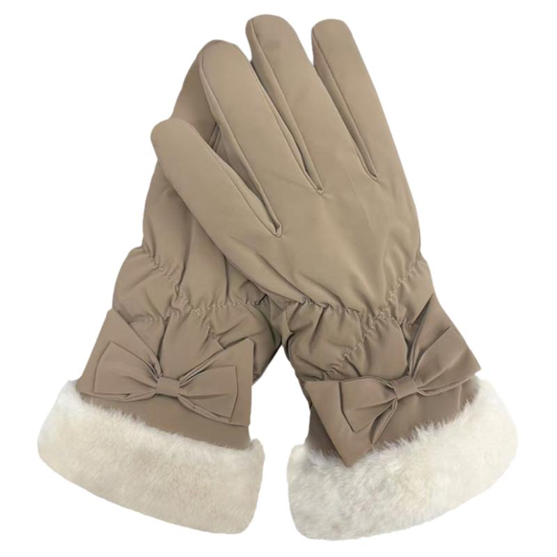 甜美蝴蝶结保暖手套女冬季加绒加厚骑车防风寒电动车棉手套可触屏